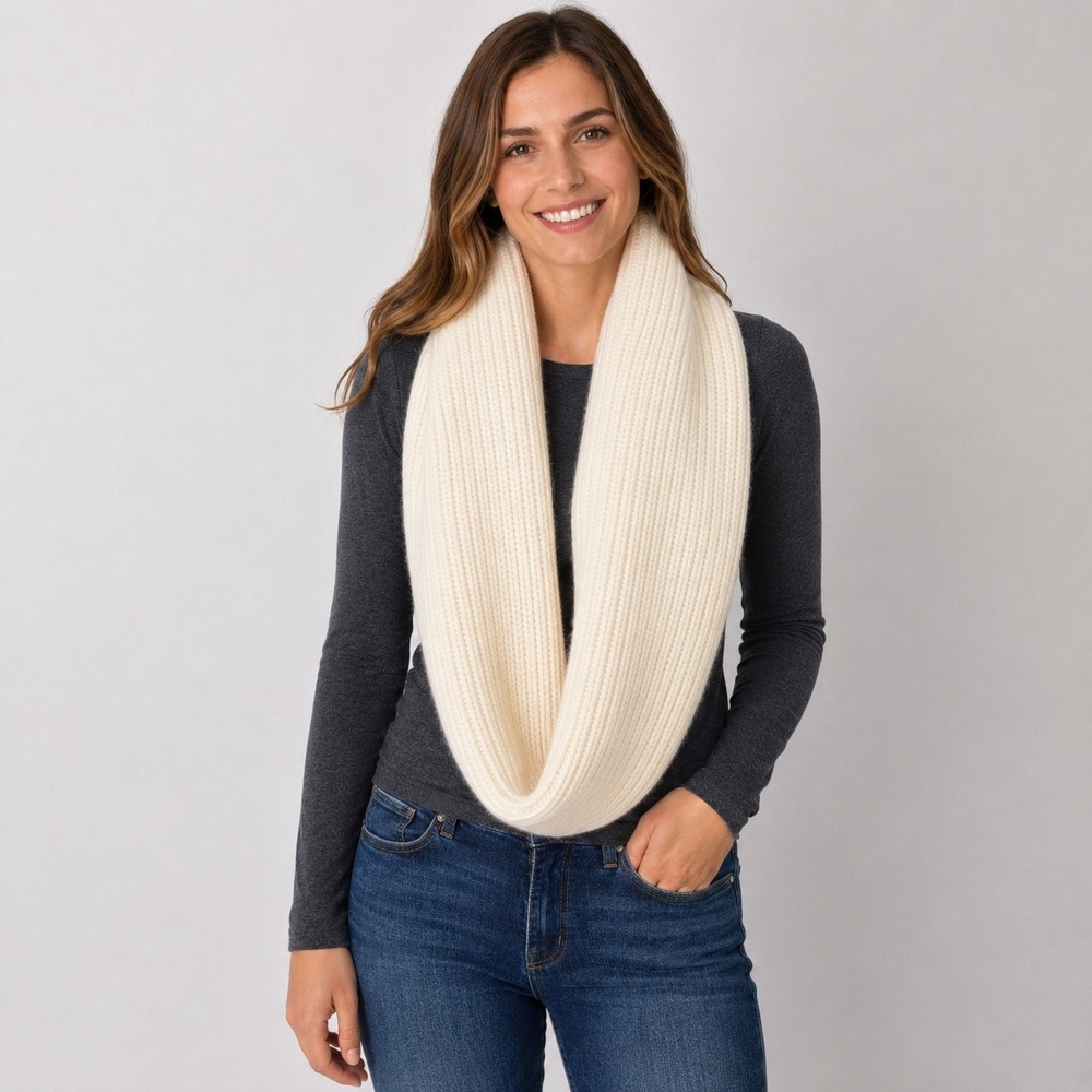 Theory Ivory Rib Knit Infinity Scarf Loop Scarf Cream One Size